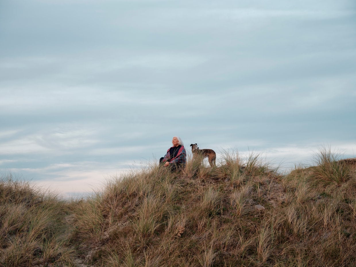 Person with dog sitting on grassy hill under cloudy sky.